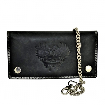 flevado Wild Büffel Leder Geldbörse Scull Totenkopf Biker Wildleder Brieftasche mit Kette (Schwarz) RFID Schutz